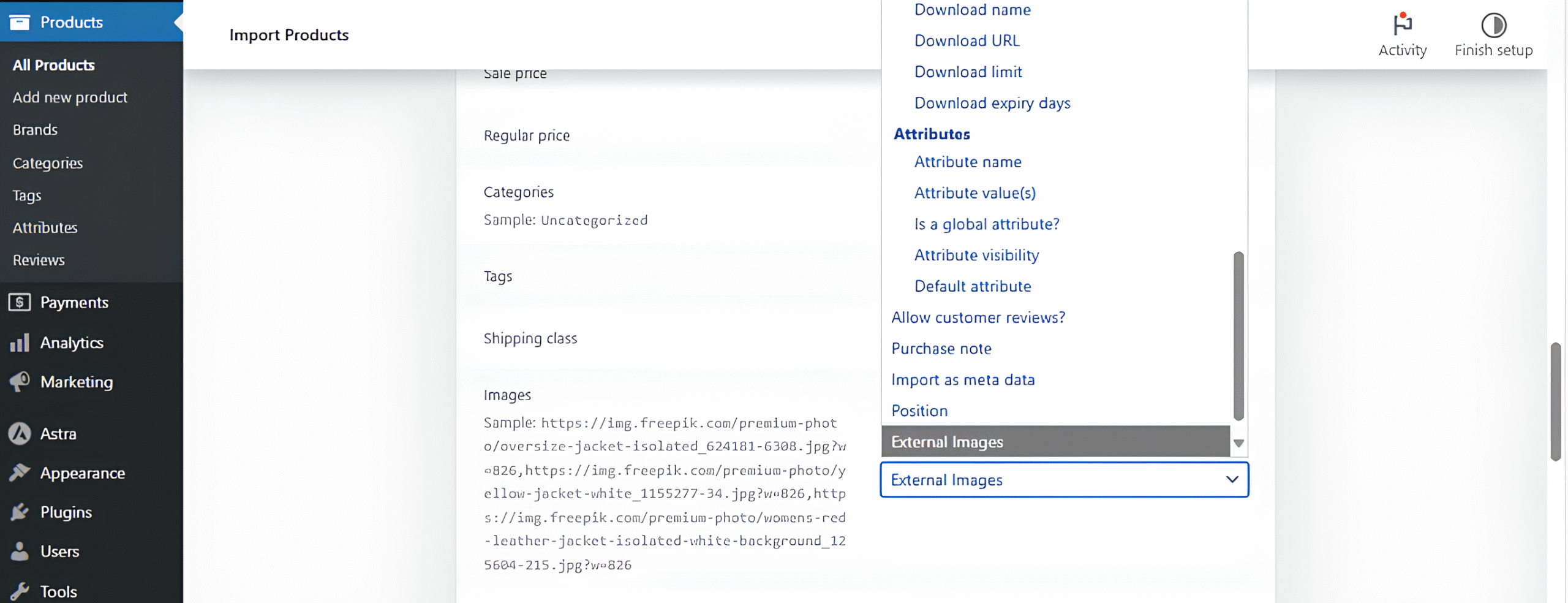 WooCommerce CSV product importer mapping the Images column to External Images for WooCommerce