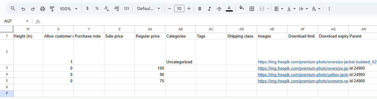Spreadsheet showing the Images column with comma-separated external image URLs for WooCommerce product import